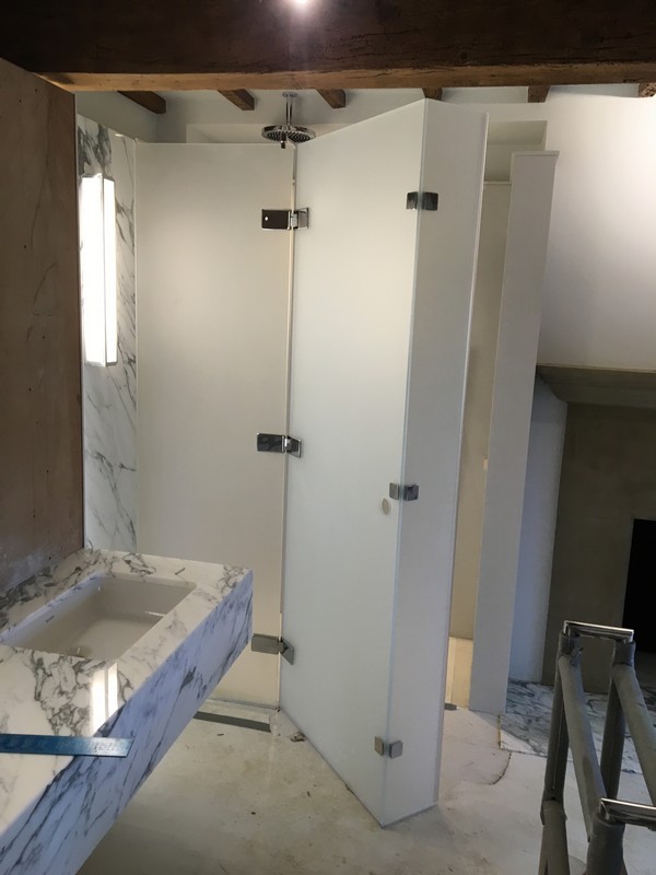 Bespoke frosted glass shower enclosure in North Finchley luxury bathroom